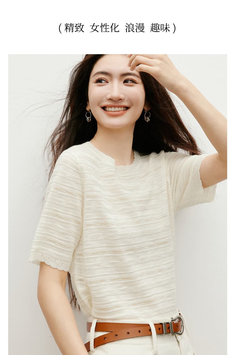 여름 새로운 여성 의류 홀로우 아웃 메쉬 h 종류 꽃잎 스타일 라운드 넥 풀오버 반팔 니트 스웨터 상세 이미지 2