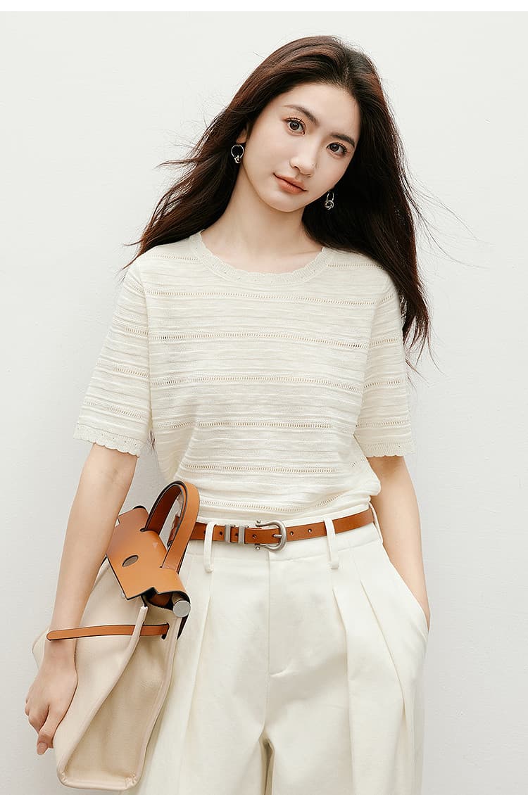여름 새로운 여성 의류 홀로우 아웃 메쉬 h 종류 꽃잎 스타일 라운드 넥 풀오버 반팔 니트 스웨터 상세 이미지 11