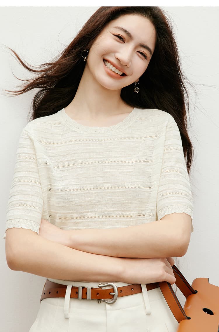 여름 새로운 여성 의류 홀로우 아웃 메쉬 h 종류 꽃잎 스타일 라운드 넥 풀오버 반팔 니트 스웨터 상세 이미지 13