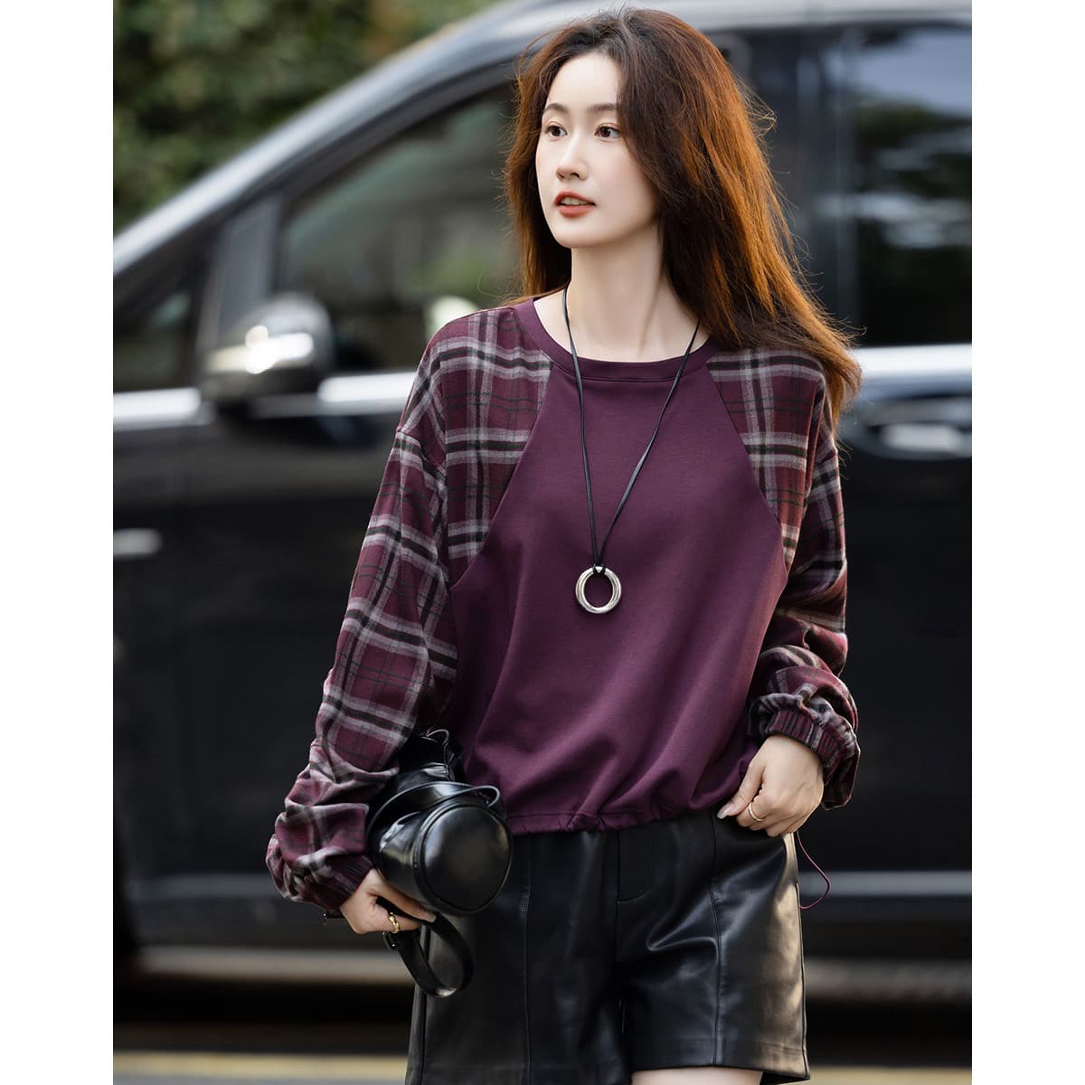 슈 폭탄 280g 빈 가스 층 가을 한 바람 레트로 체크무늬 패치워크 참나무 늑골 밑단 후드티 여성 셔츠