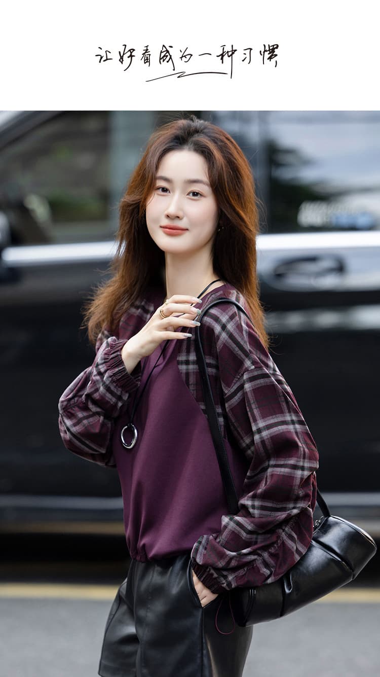 슈 폭탄 280g 빈 가스 층 가을 한 바람 레트로 체크무늬 패치워크 참나무 늑골 밑단 후드티 여성 셔츠 상세 이미지 1