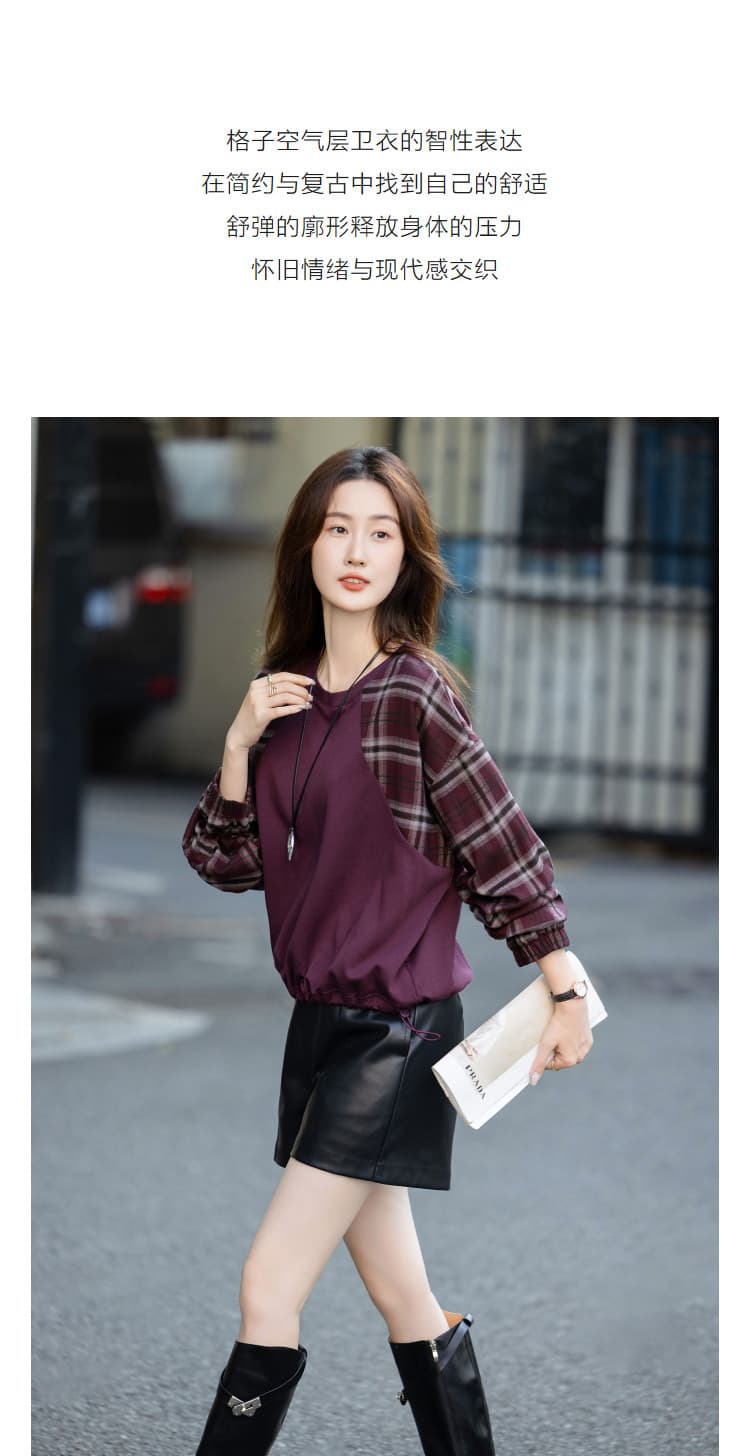 슈 폭탄 280g 빈 가스 층 가을 한 바람 레트로 체크무늬 패치워크 참나무 늑골 밑단 후드티 여성 셔츠 상세 이미지 5