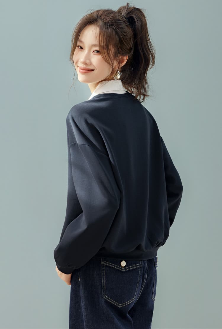 도시 시현 2026 가을 도시 캐주얼 배색 패치워크 페이크 레이어드 긴팔 셔츠 칼라 후드티 상세 이미지 7