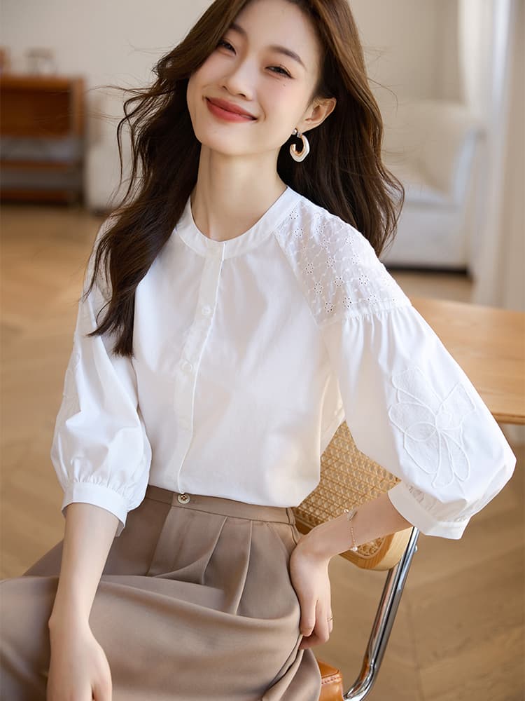 화이트 주간 실크 여성 셔츠 2025 년 이른 가을 새로운 고유 한 Chic 자수 7부 소매 셔츠 맨위