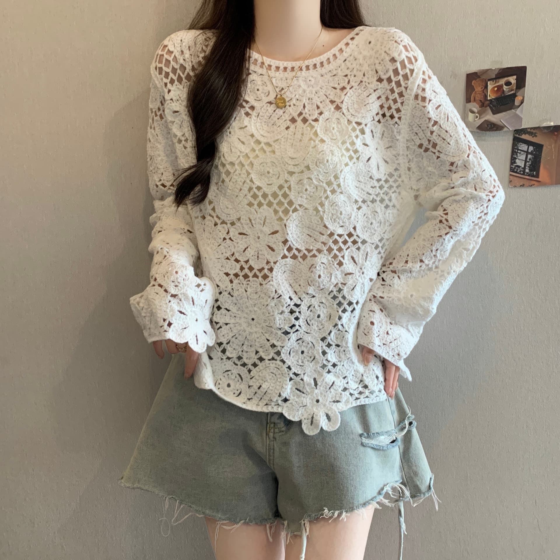 프랑스식 작은 샤넬 스타일 자수 홀로우 아웃 니트 블라우스 여성 봄 여름 가을 빅 사이즈 지방 mm 루즈핏 고급 센스 연령 감소 맨위 상세 이미지 20
