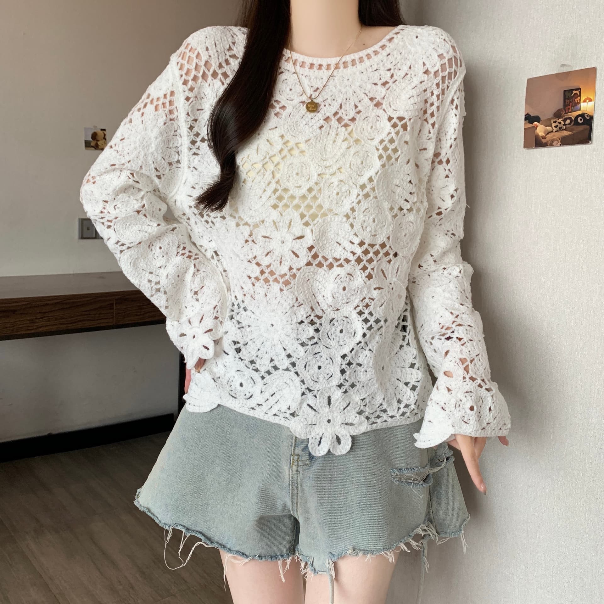 프랑스식 작은 샤넬 스타일 자수 홀로우 아웃 니트 블라우스 여성 봄 여름 가을 빅 사이즈 지방 mm 루즈핏 고급 센스 연령 감소 맨위 상세 이미지 23