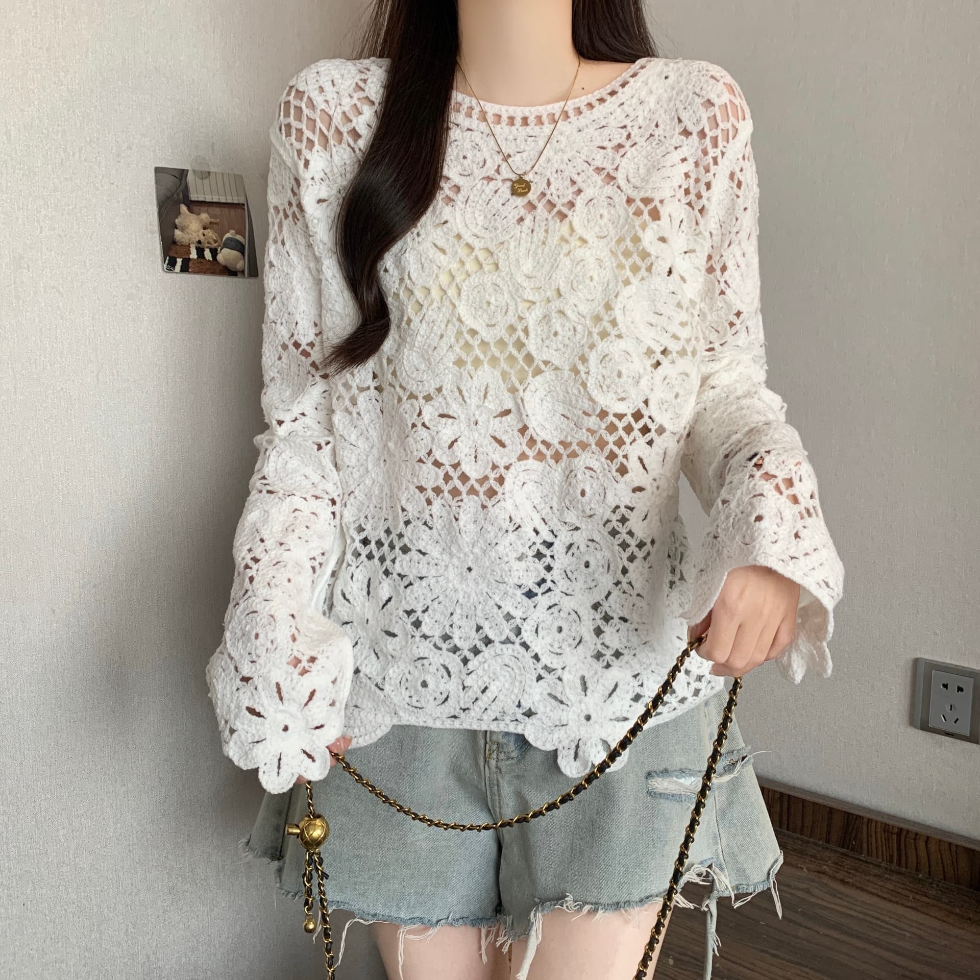 프랑스식 작은 샤넬 스타일 자수 홀로우 아웃 니트 블라우스 여성 봄 여름 가을 빅 사이즈 지방 mm 루즈핏 고급 센스 연령 감소 맨위 상세 이미지 26