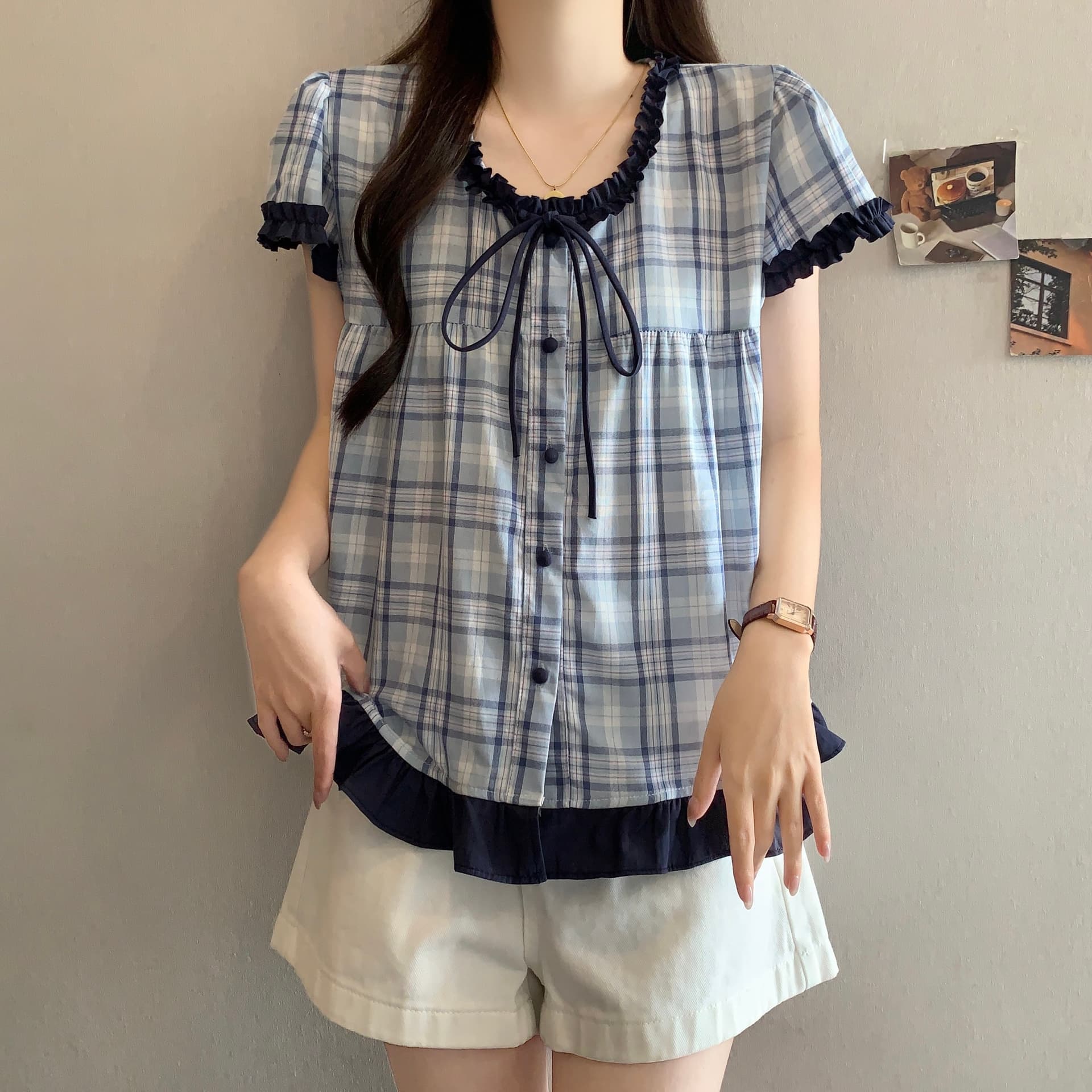 작은 청신 밝은 녹색 체크무늬 프릴 반팔 여성 셔츠 여름 한 물품 달콤함 연령 감소 디자인 센스 작은 셔츠 맨위 상세 이미지 4