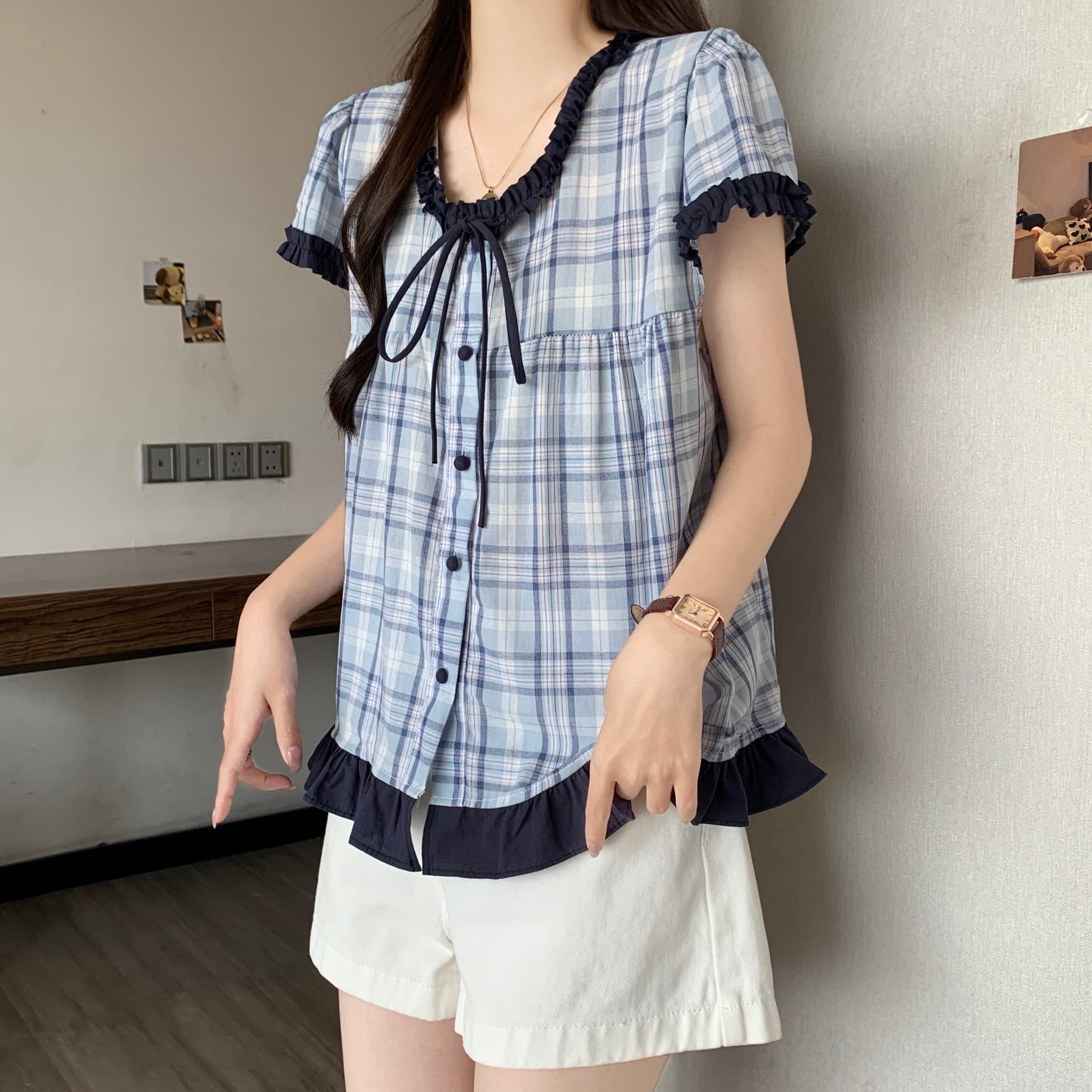 작은 청신 밝은 녹색 체크무늬 프릴 반팔 여성 셔츠 여름 한 물품 달콤함 연령 감소 디자인 센스 작은 셔츠 맨위 상세 이미지 7