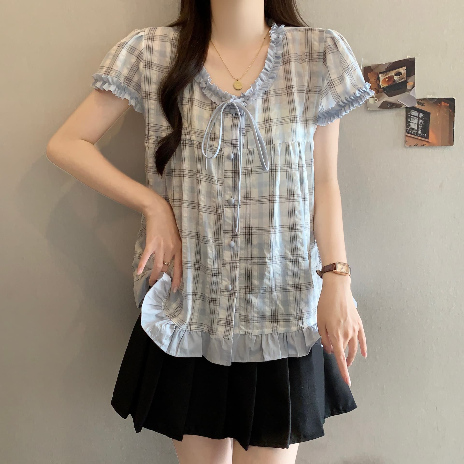 작은 청신 밝은 녹색 체크무늬 프릴 반팔 여성 셔츠 여름 한 물품 달콤함 연령 감소 디자인 센스 작은 셔츠 맨위 상세 이미지 13