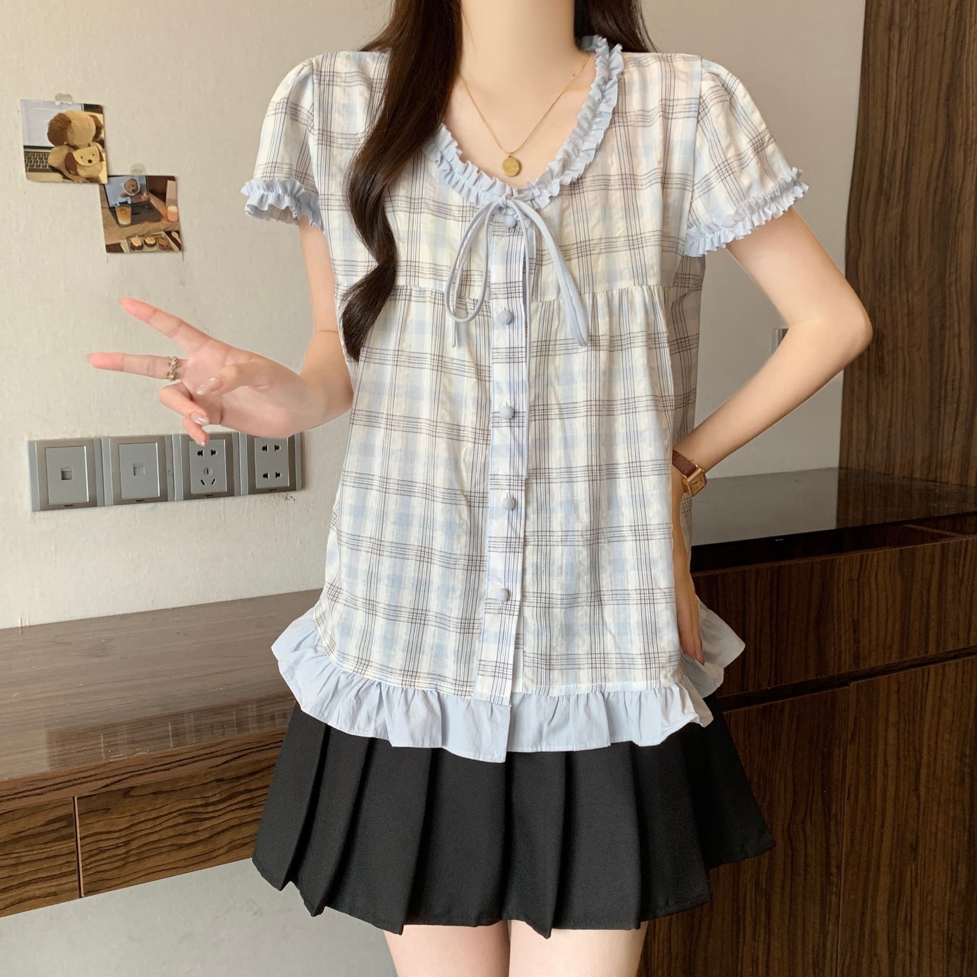 작은 청신 밝은 녹색 체크무늬 프릴 반팔 여성 셔츠 여름 한 물품 달콤함 연령 감소 디자인 센스 작은 셔츠 맨위 상세 이미지 16