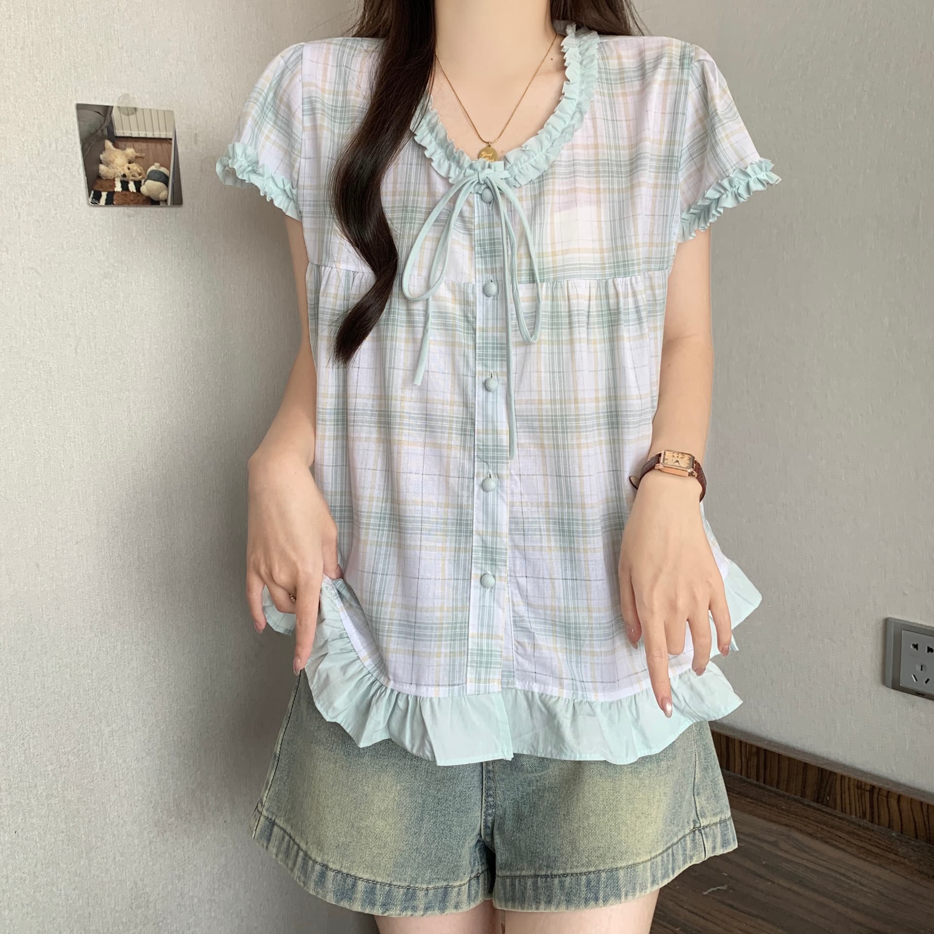 작은 청신 밝은 녹색 체크무늬 프릴 반팔 여성 셔츠 여름 한 물품 달콤함 연령 감소 디자인 센스 작은 셔츠 맨위 상세 이미지 26