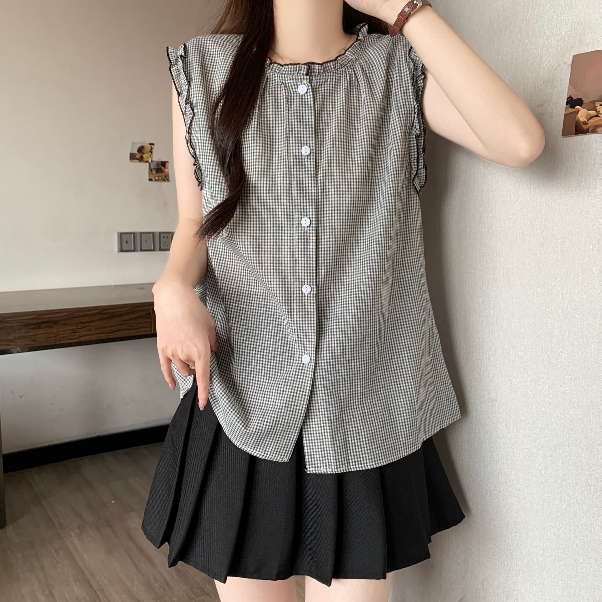 프랑스식 배색 프릴 민소매 조끼 여성 셔츠 여름 새로운 디자인 센스 슈퍼 잘 생긴 다용도 오픈 가디건 맨위 상세 이미지 18