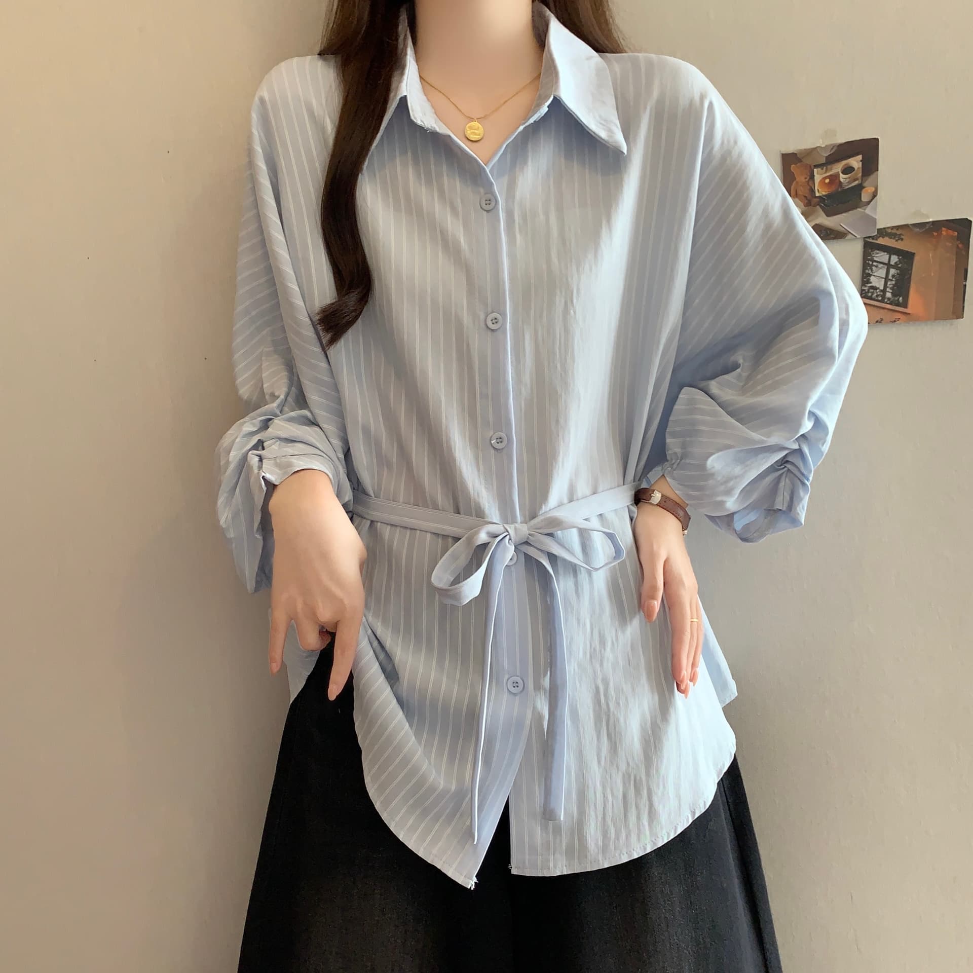 한 부서 스트라이프 여성 셔츠 여름 새로운 디자인 센스 레이스업 허리 수축 슬림해 보이는 루즈핏 다용도 출퇴근 품격 맨위 상세 이미지 21