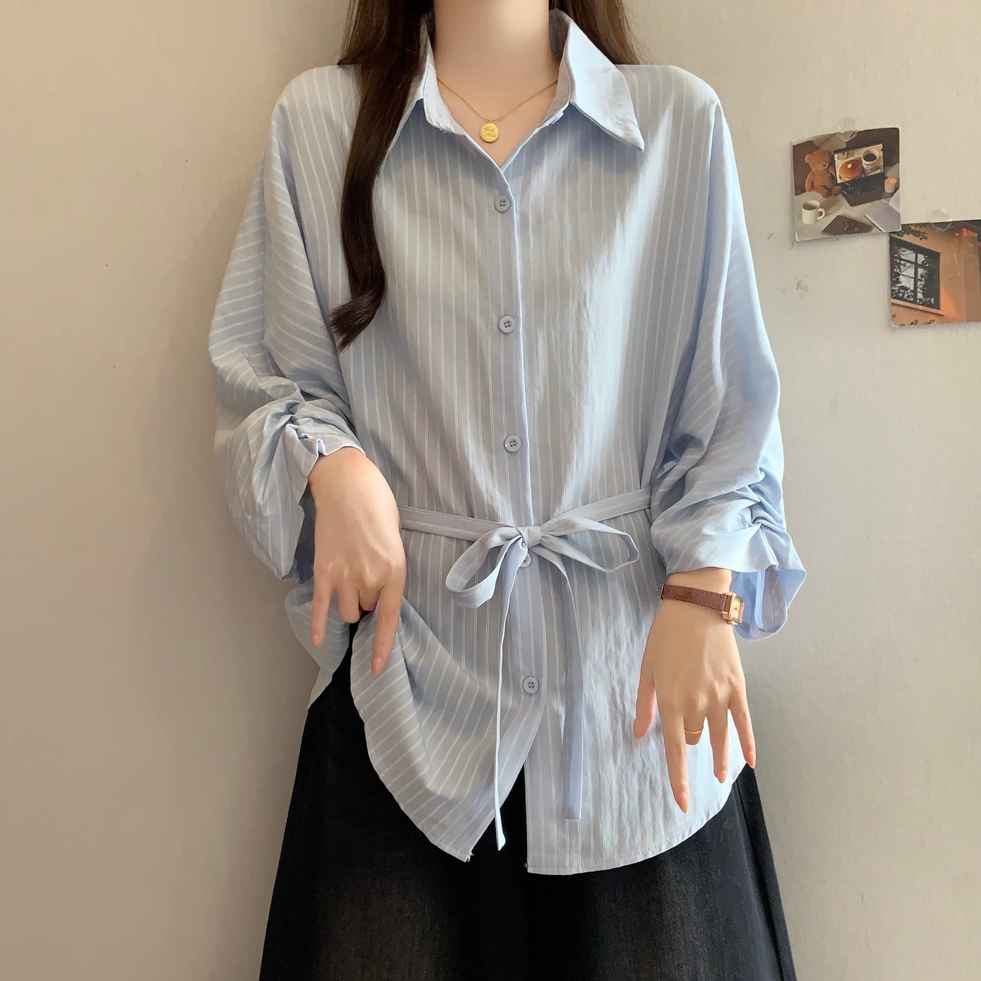 한 부서 스트라이프 여성 셔츠 여름 새로운 디자인 센스 레이스업 허리 수축 슬림해 보이는 루즈핏 다용도 출퇴근 품격 맨위 상세 이미지 23