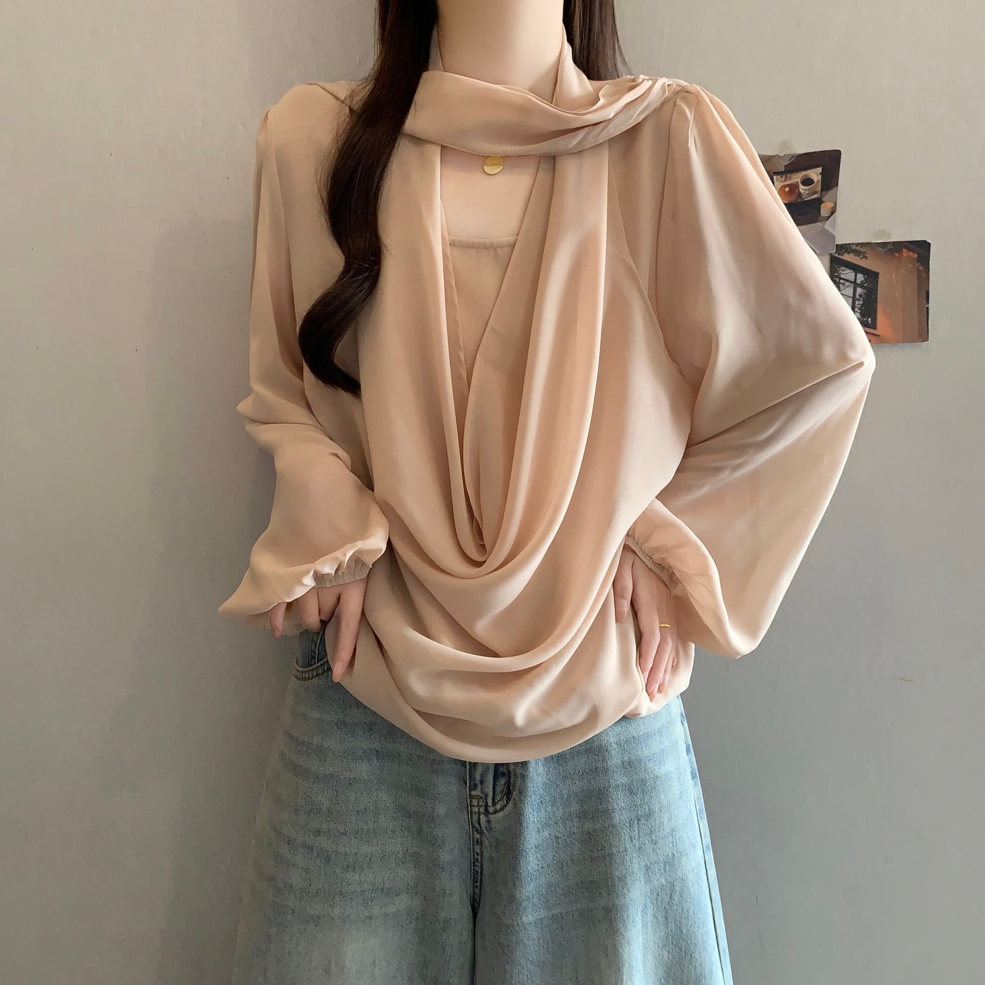 2026 년 프랑스식 Tulle 마이크로 ~을 통해 숄 칼라 페이크 레이어드 행침 목 리본 여성 셔츠 가을 해체 디자인 작은 셔츠 상세 이미지 20