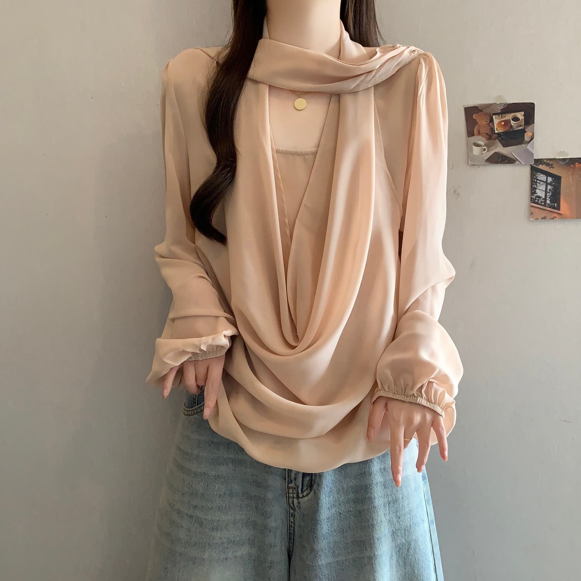 2026 년 프랑스식 Tulle 마이크로 ~을 통해 숄 칼라 페이크 레이어드 행침 목 리본 여성 셔츠 가을 해체 디자인 작은 셔츠 상세 이미지 22