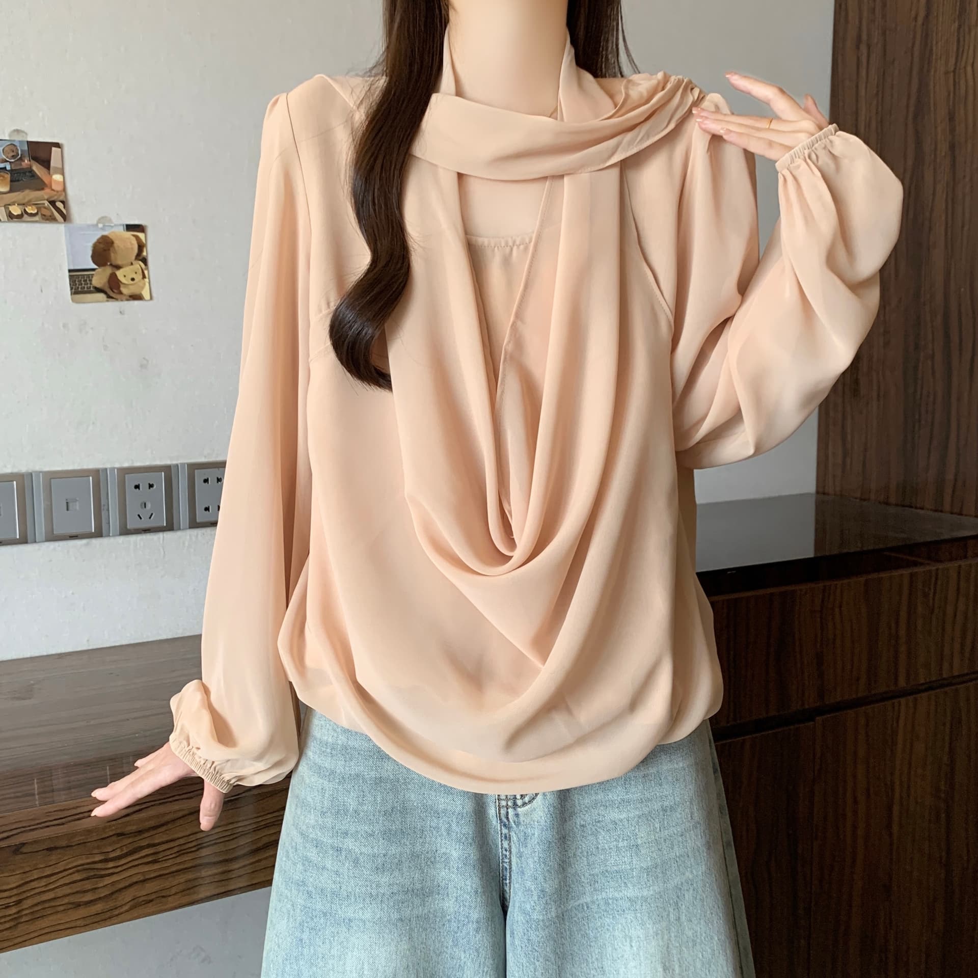 2026 년 프랑스식 Tulle 마이크로 ~을 통해 숄 칼라 페이크 레이어드 행침 목 리본 여성 셔츠 가을 해체 디자인 작은 셔츠 상세 이미지 23