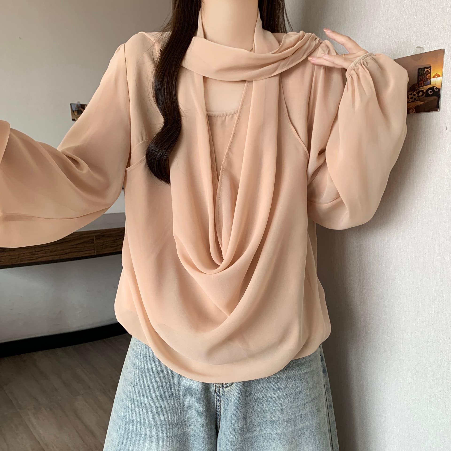 2026 년 프랑스식 Tulle 마이크로 ~을 통해 숄 칼라 페이크 레이어드 행침 목 리본 여성 셔츠 가을 해체 디자인 작은 셔츠 상세 이미지 26