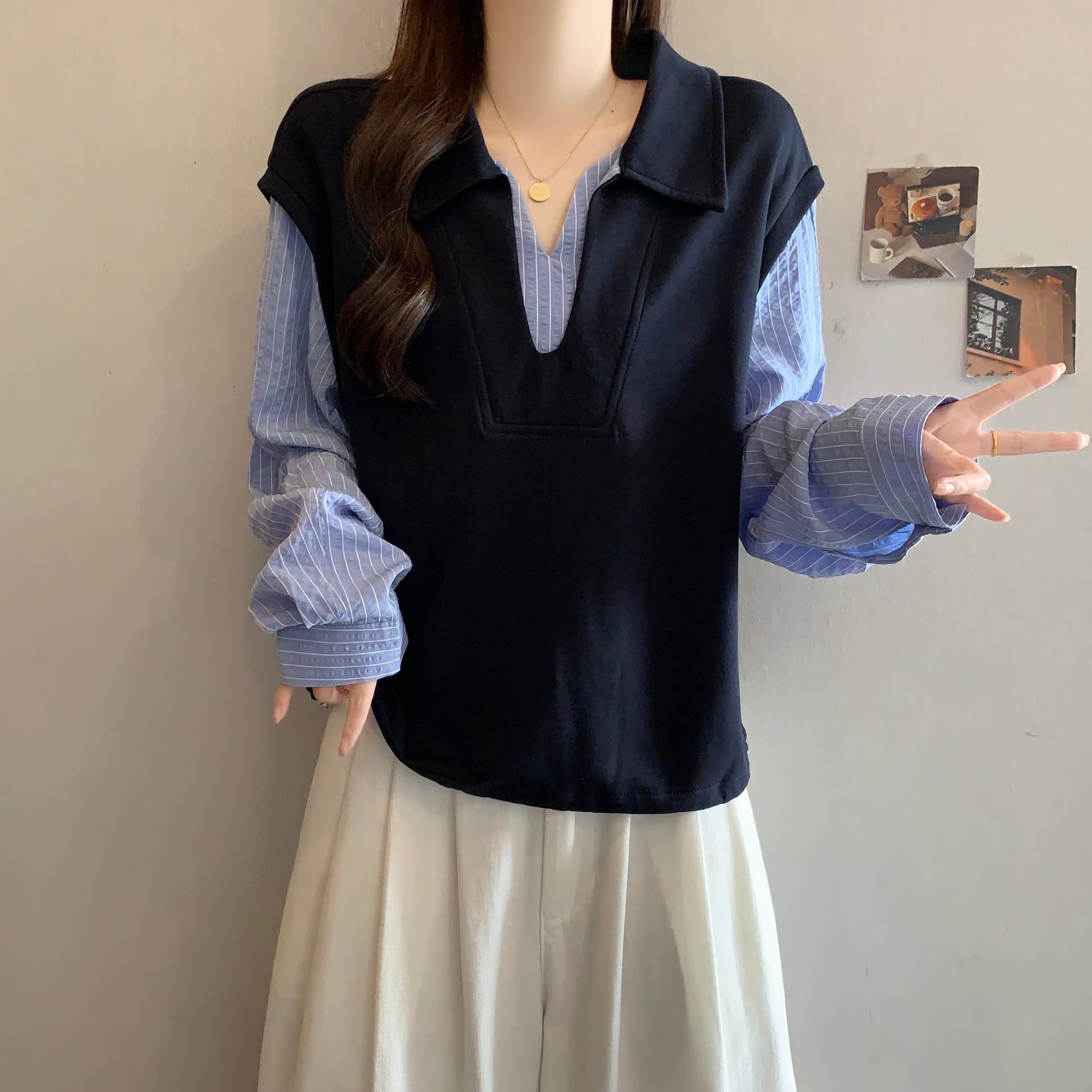 빅 사이즈 POLO 칼라 페이크 레이어드 긴팔 셔츠 가을 새로운 지방 mm 한국 스타일 후드티 슬림해 보이는 표지 고기 작은 셔츠 맨위 이미지 3