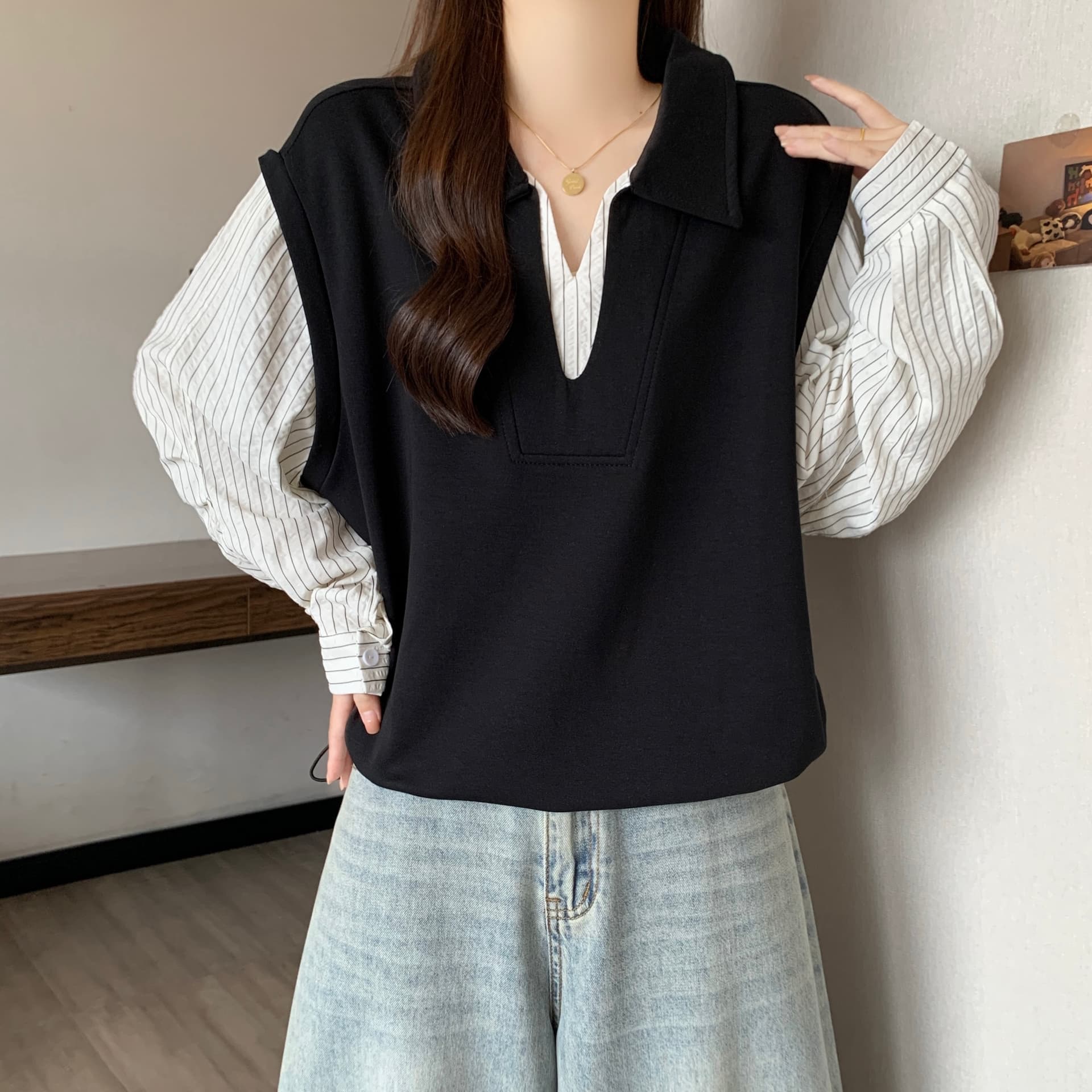 빅 사이즈 POLO 칼라 페이크 레이어드 긴팔 셔츠 가을 새로운 지방 mm 한국 스타일 후드티 슬림해 보이는 표지 고기 작은 셔츠 맨위 이미지 4