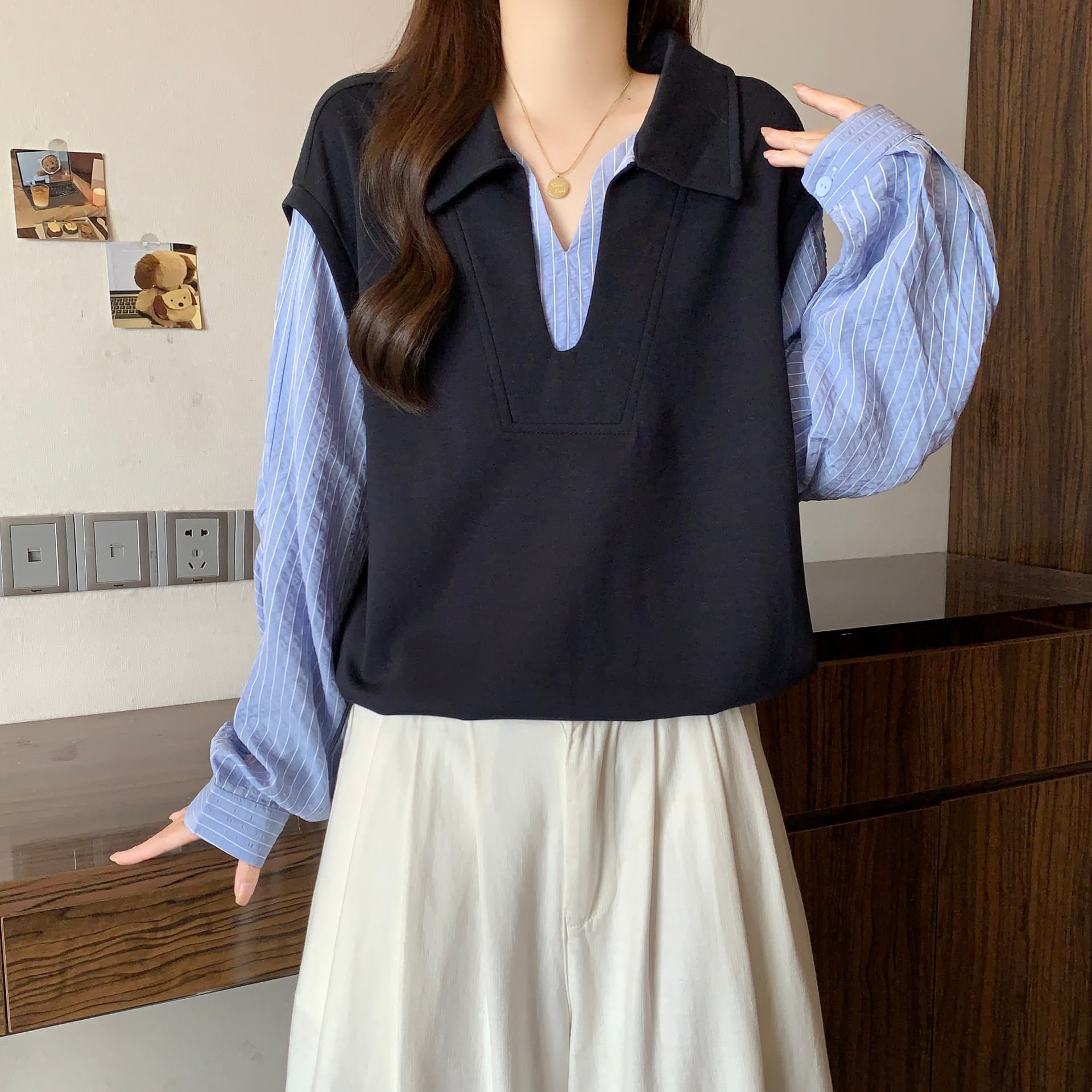 빅 사이즈 POLO 칼라 페이크 레이어드 긴팔 셔츠 가을 새로운 지방 mm 한국 스타일 후드티 슬림해 보이는 표지 고기 작은 셔츠 맨위 상세 이미지 4