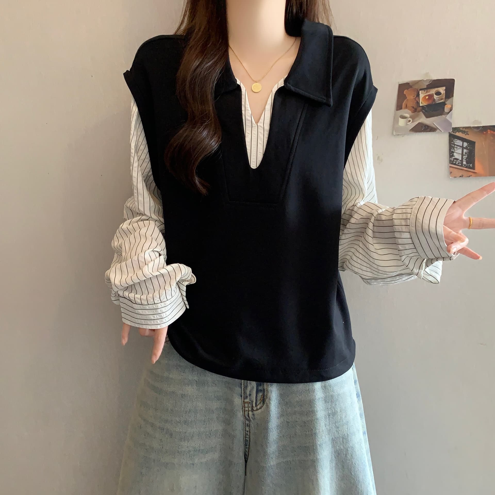 빅 사이즈 POLO 칼라 페이크 레이어드 긴팔 셔츠 가을 새로운 지방 mm 한국 스타일 후드티 슬림해 보이는 표지 고기 작은 셔츠 맨위 상세 이미지 13