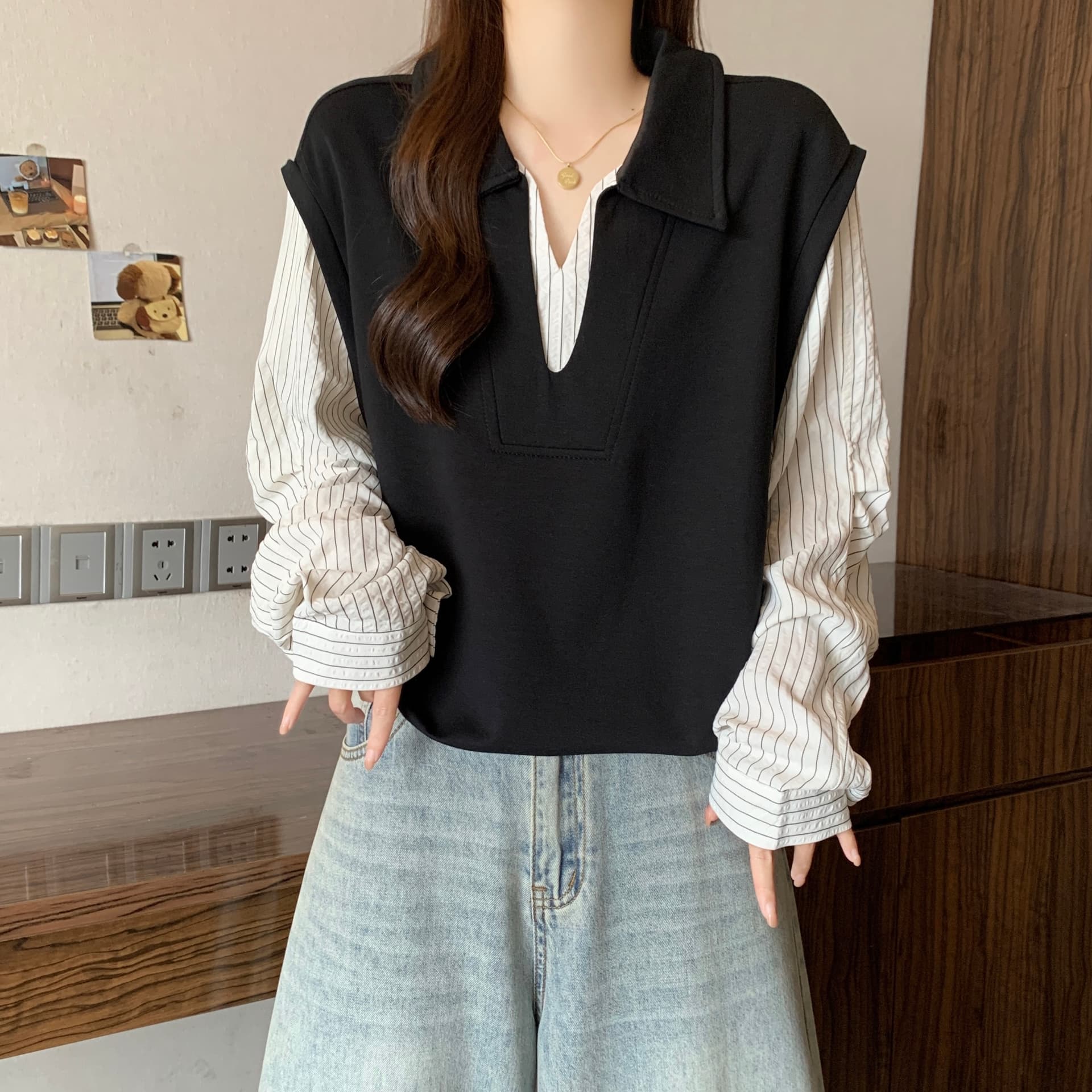 빅 사이즈 POLO 칼라 페이크 레이어드 긴팔 셔츠 가을 새로운 지방 mm 한국 스타일 후드티 슬림해 보이는 표지 고기 작은 셔츠 맨위 상세 이미지 15