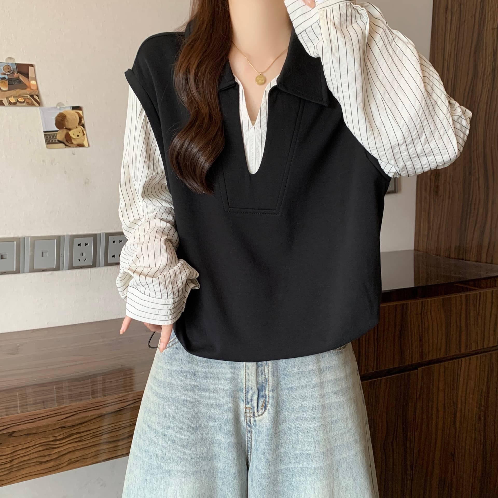 빅 사이즈 POLO 칼라 페이크 레이어드 긴팔 셔츠 가을 새로운 지방 mm 한국 스타일 후드티 슬림해 보이는 표지 고기 작은 셔츠 맨위 상세 이미지 16