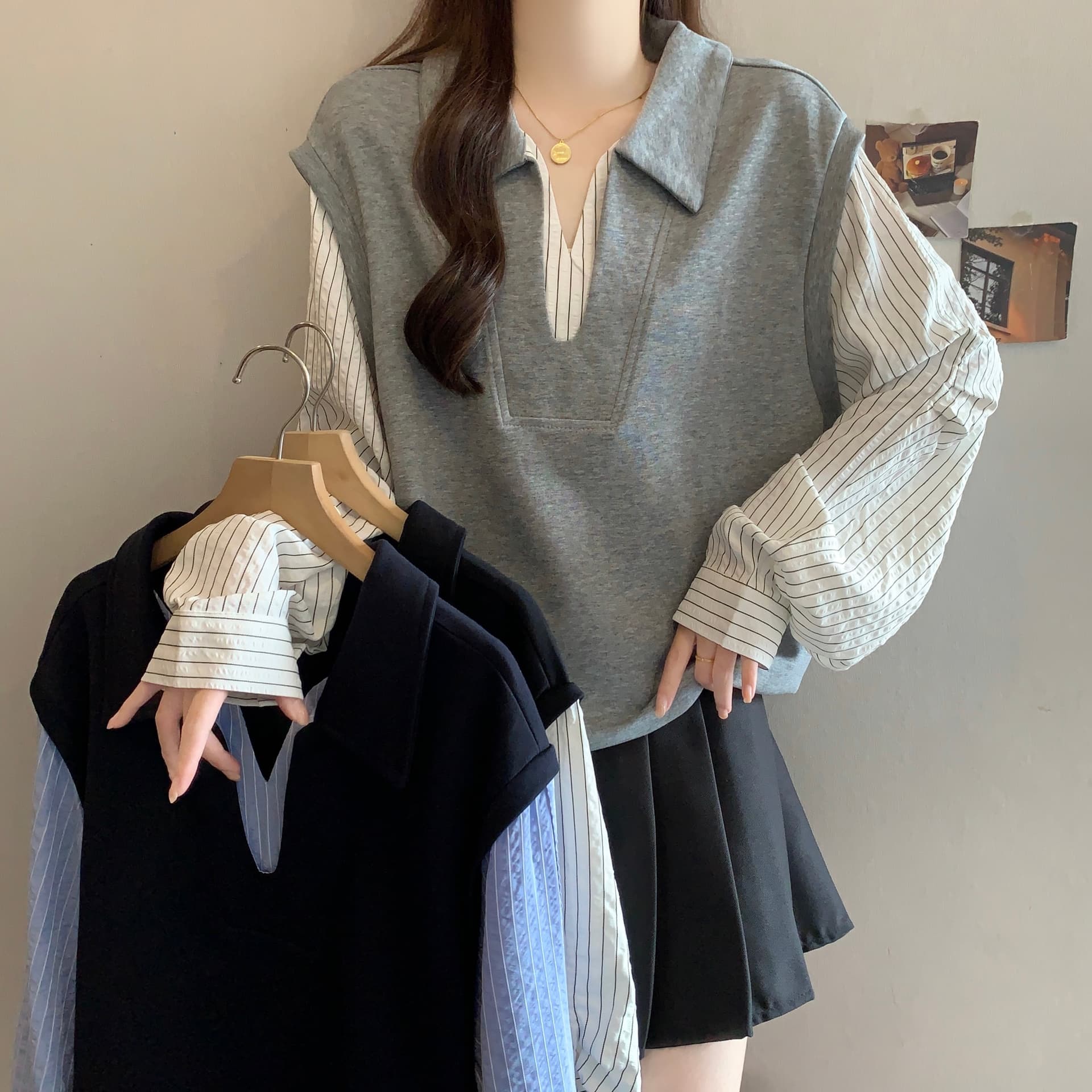 빅 사이즈 POLO 칼라 페이크 레이어드 긴팔 셔츠 가을 새로운 지방 mm 한국 스타일 후드티 슬림해 보이는 표지 고기 작은 셔츠 맨위 상세 이미지 20
