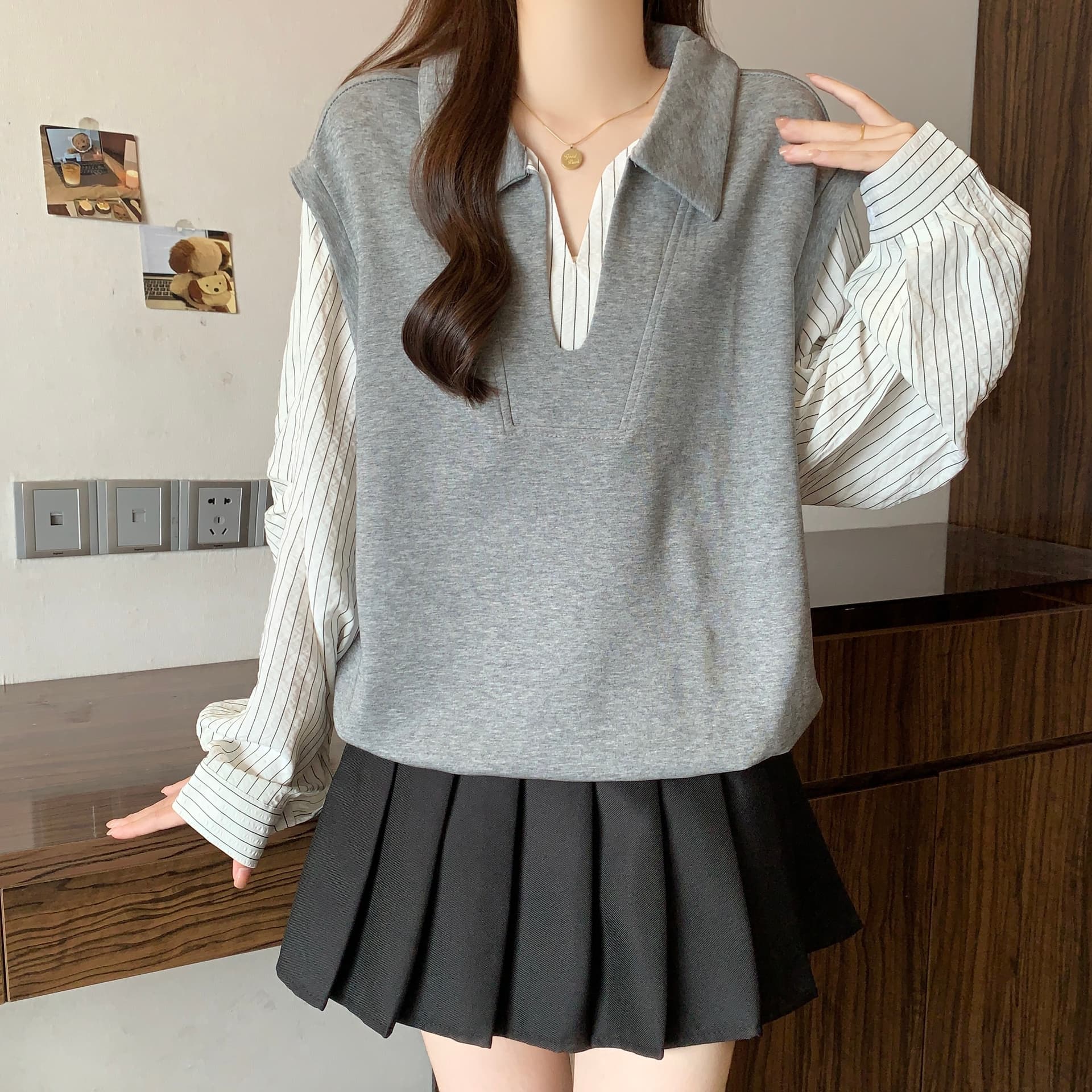 빅 사이즈 POLO 칼라 페이크 레이어드 긴팔 셔츠 가을 새로운 지방 mm 한국 스타일 후드티 슬림해 보이는 표지 고기 작은 셔츠 맨위 상세 이미지 23