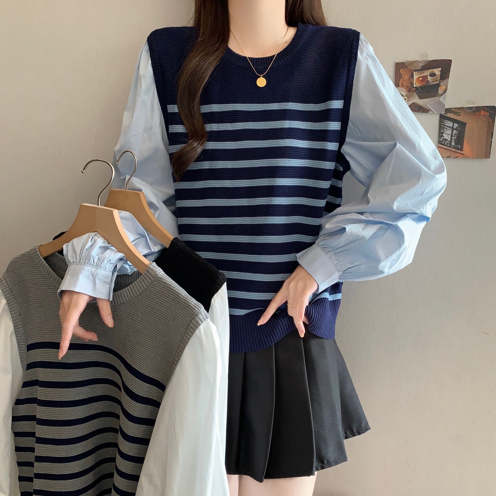 페이크 레이어드 긴팔 패치워크 배색 스트라이프 라운드 넥 티셔츠 여성 셔츠 가을 새로운 슬림해 보이는 다용도 캐주얼 맨위 상세 이미지 2