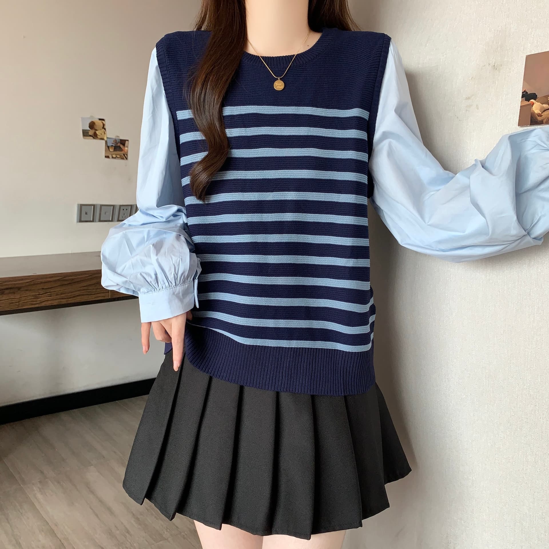 페이크 레이어드 긴팔 패치워크 배색 스트라이프 라운드 넥 티셔츠 여성 셔츠 가을 새로운 슬림해 보이는 다용도 캐주얼 맨위 상세 이미지 8
