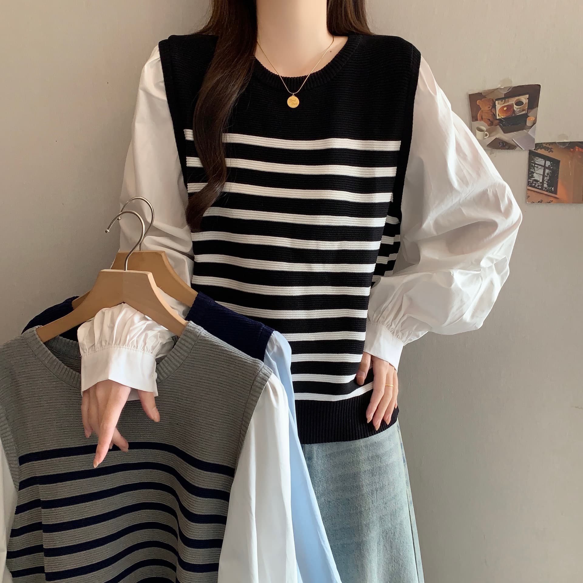 페이크 레이어드 긴팔 패치워크 배색 스트라이프 라운드 넥 티셔츠 여성 셔츠 가을 새로운 슬림해 보이는 다용도 캐주얼 맨위 상세 이미지 11