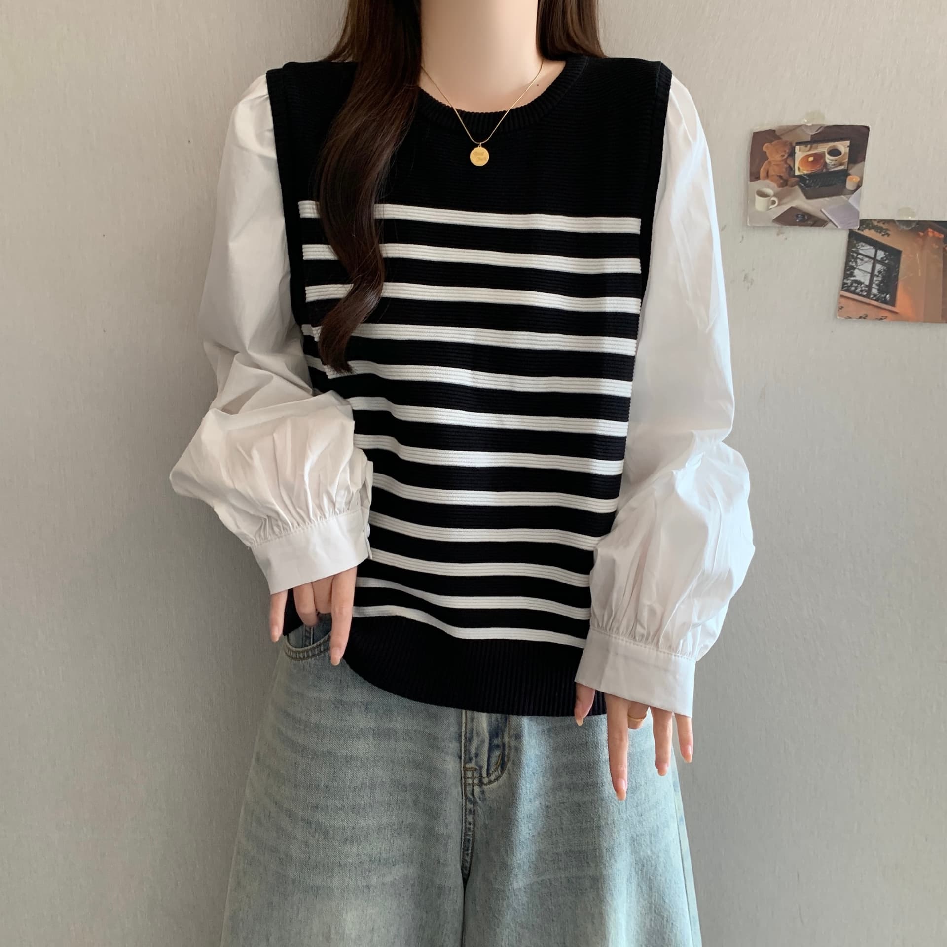 페이크 레이어드 긴팔 패치워크 배색 스트라이프 라운드 넥 티셔츠 여성 셔츠 가을 새로운 슬림해 보이는 다용도 캐주얼 맨위 상세 이미지 12