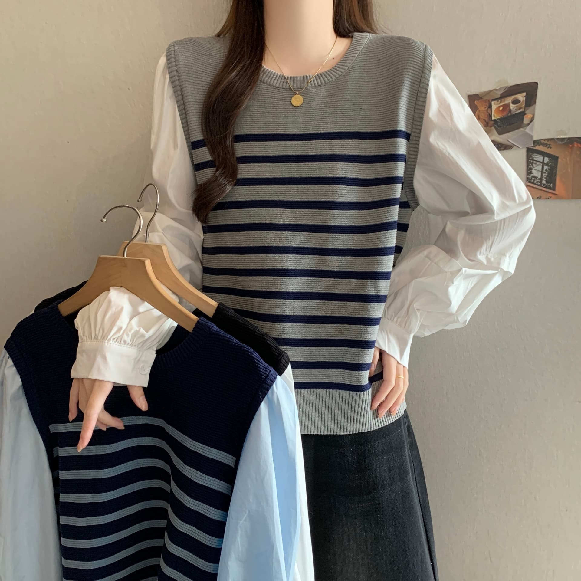 페이크 레이어드 긴팔 패치워크 배색 스트라이프 라운드 넥 티셔츠 여성 셔츠 가을 새로운 슬림해 보이는 다용도 캐주얼 맨위 상세 이미지 20