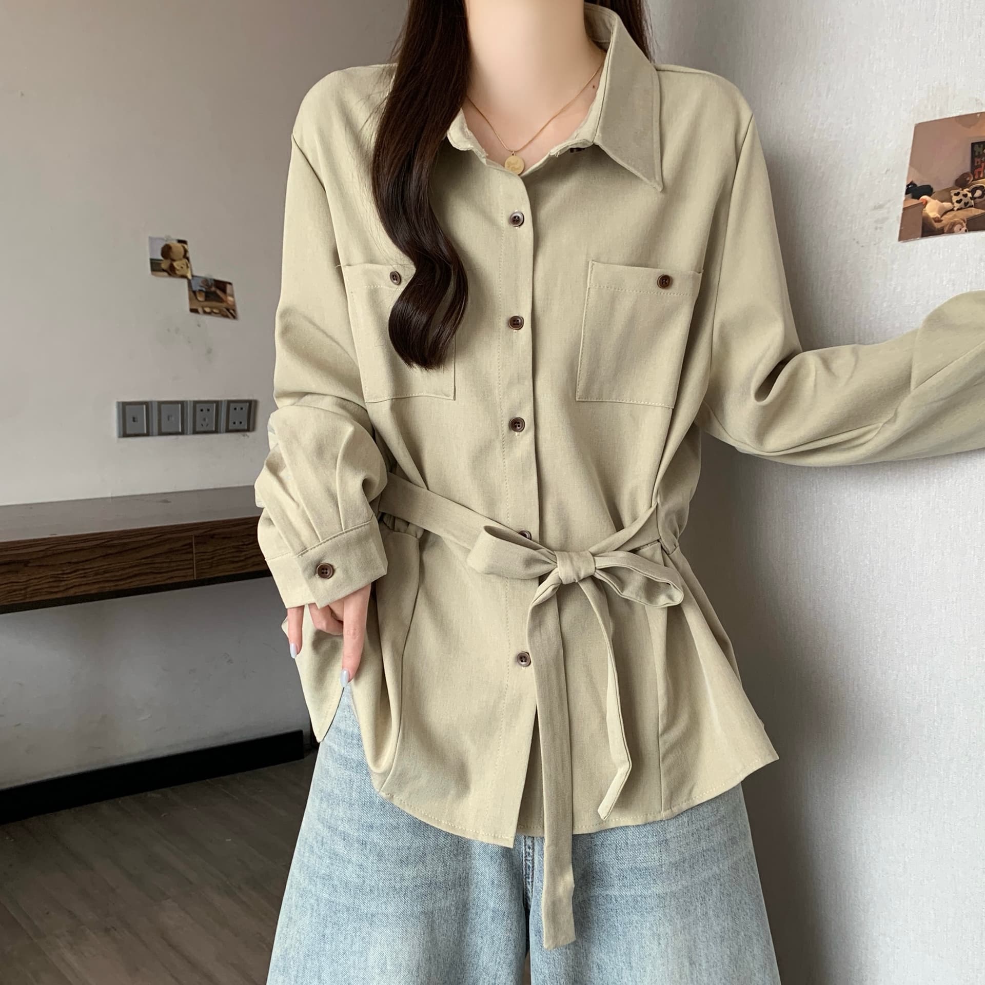 오래된 돈 바람 품격 POLO 칼라 긴팔 여성 셔츠 가을 새로운 루즈핏 허리 수축 레이스업 셔츠 중간 길이 맨위 상세 이미지 9