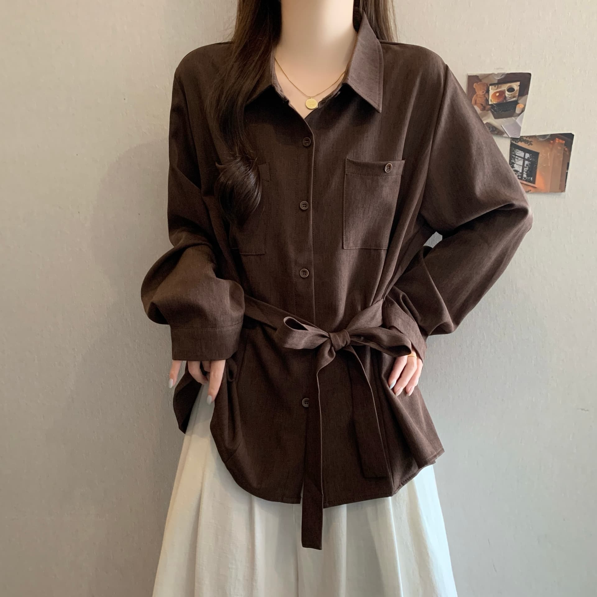 오래된 돈 바람 품격 POLO 칼라 긴팔 여성 셔츠 가을 새로운 루즈핏 허리 수축 레이스업 셔츠 중간 길이 맨위 상세 이미지 11