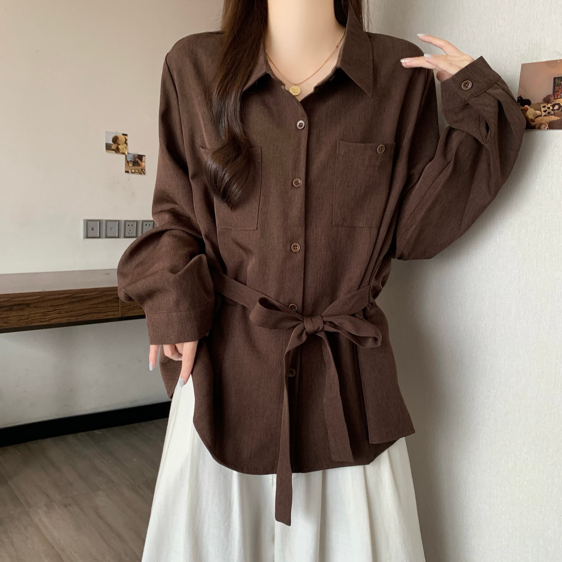 오래된 돈 바람 품격 POLO 칼라 긴팔 여성 셔츠 가을 새로운 루즈핏 허리 수축 레이스업 셔츠 중간 길이 맨위 상세 이미지 13