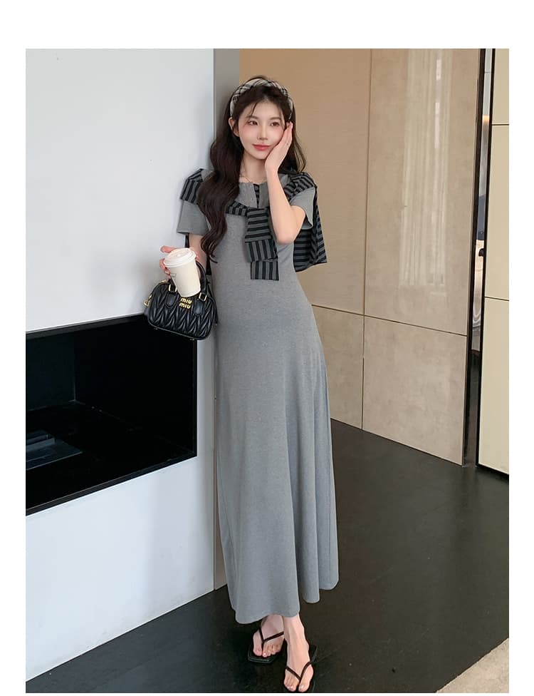 실사 지금 2026 새로운 여름 한국 스타일 패션 품격 중간 길이 스트라이프 니트 숄 드레스 세트 상세 이미지 12