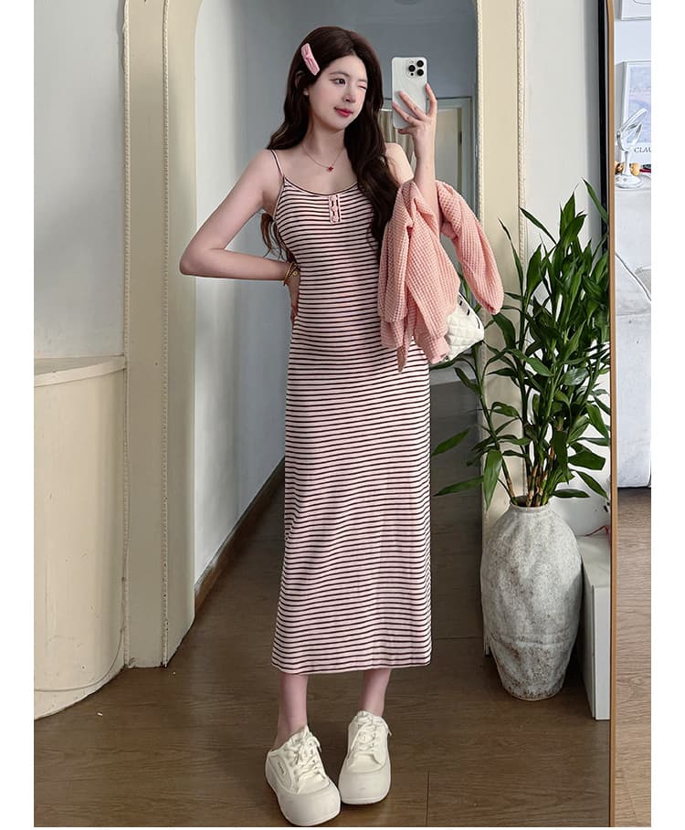 실사 지금 봄 켜기 새로운 2026 순수한 욕망 바람 스트라이프 타이트 스커트 슬립 드레스 느긋한 니트 오픈 가디건 세트 상세 이미지 8