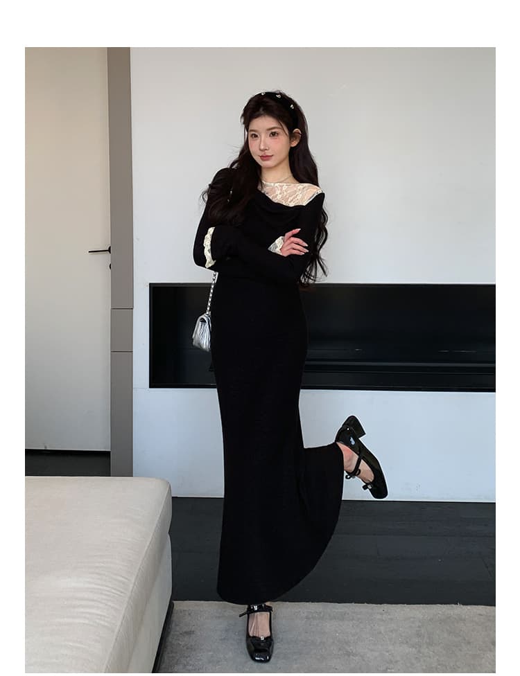 실사 봄 켜기 새로운 2026 작은 대중 문예 슬림해 보이는 레이스 레이스 보트넥 출산 착용 섹시함 작은 검은 드레스 상세 이미지 14