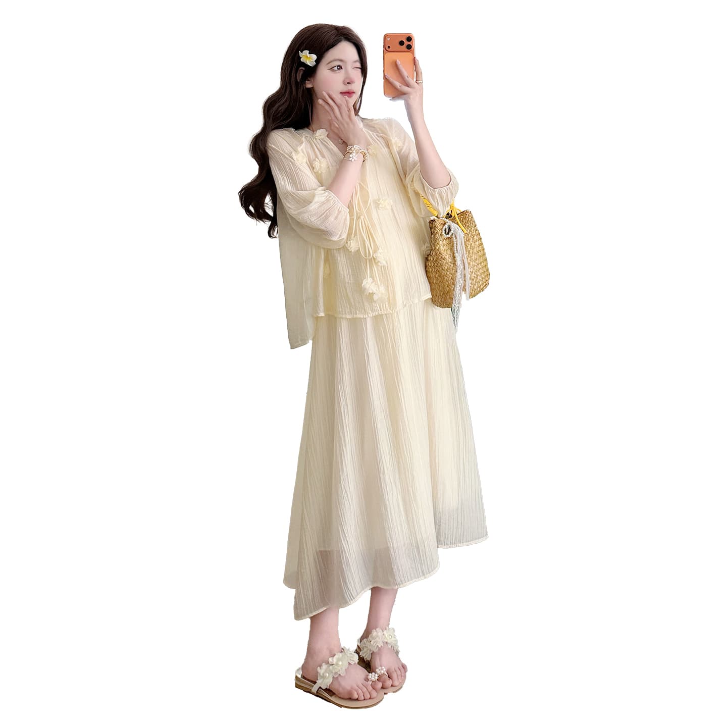 실사 2026 여름 패션 미니멀리즘 편안함 느긋한 품격 꽃 맨위 슬립 드레스 투피스 세트 출산 착용 이미지 5