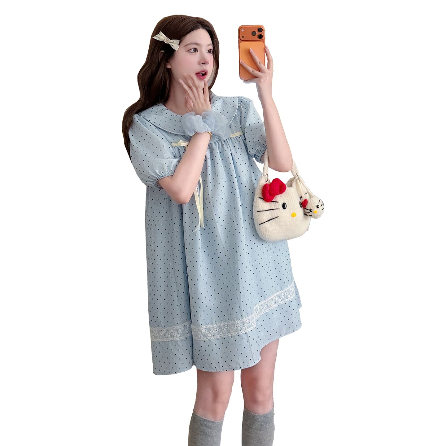 실사 2026 여름 패션 미니멀리즘 편안함 베이비 칼라 품격 장난기 넘치는 도트 무늬 빅 사이즈 출산 착용 드레스 이미지 6