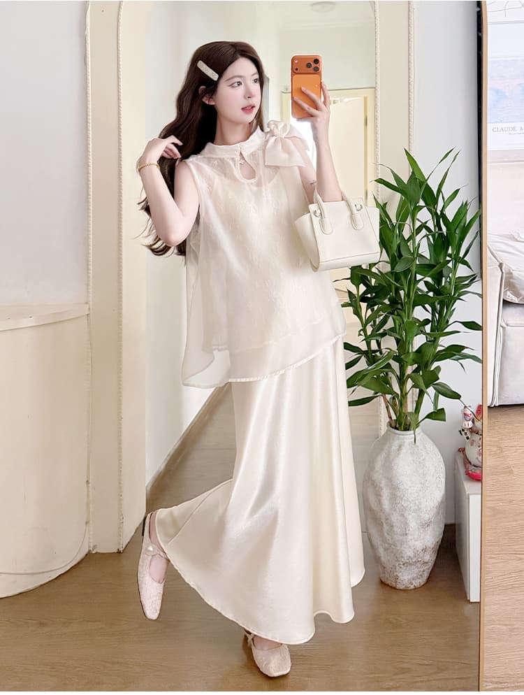 실사 지금 여름 신제품 빛 요리 한 고급 프랑스식 나비 매듭 레이스 루즈핏 맨위 품격 슬립 치마 세트 상세 이미지 19