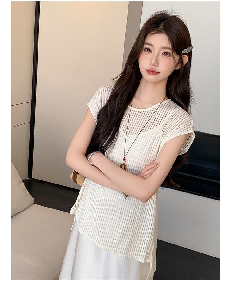 실사 원본 제품 지금 여름 신제품 홀로우 아웃 민소매 니트 맨위 아세트산 새틴 슬립 드레스 품격 세트 상세 이미지 15