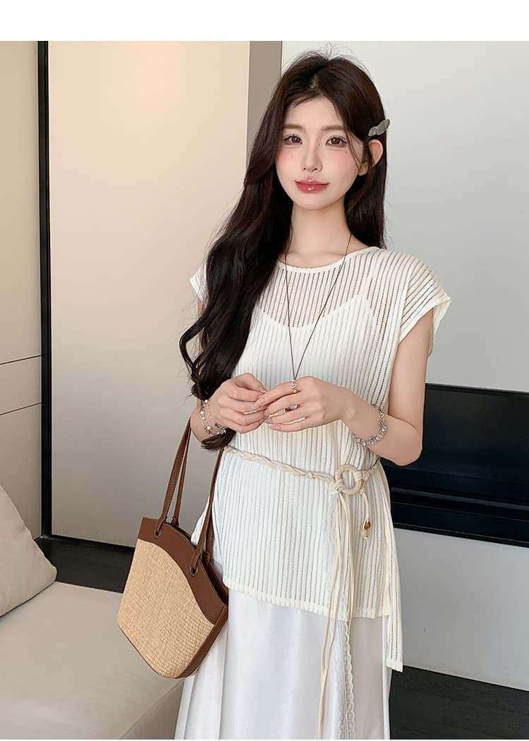 실사 원본 제품 지금 여름 신제품 홀로우 아웃 민소매 니트 맨위 아세트산 새틴 슬립 드레스 품격 세트 상세 이미지 17