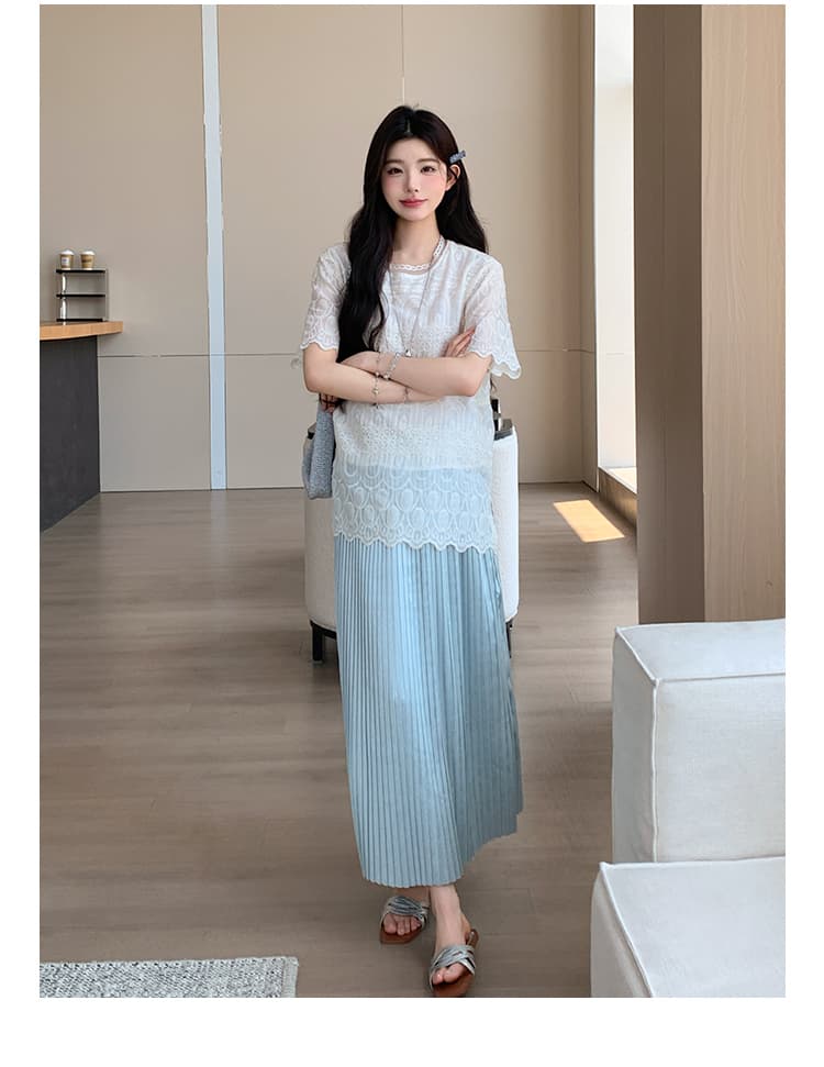 실사 지금 여름 신제품 패션 느긋한 바람 문예 팬 자수 맨위 플리츠 반신 스커트 임산부 투피스 세트 상세 이미지 16