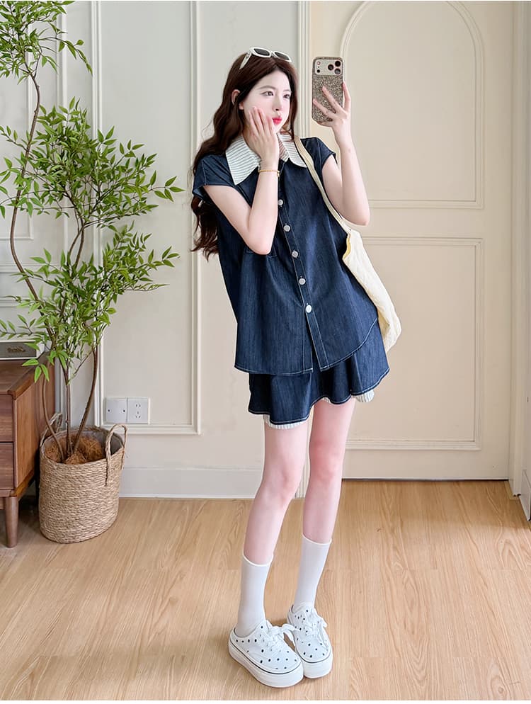 실사 지금 2026 여름 새로운 캐주얼 바람 배색 폴로 칼라 셔츠 치마바지 투피스 슈트 출산 착용 상세 이미지 18