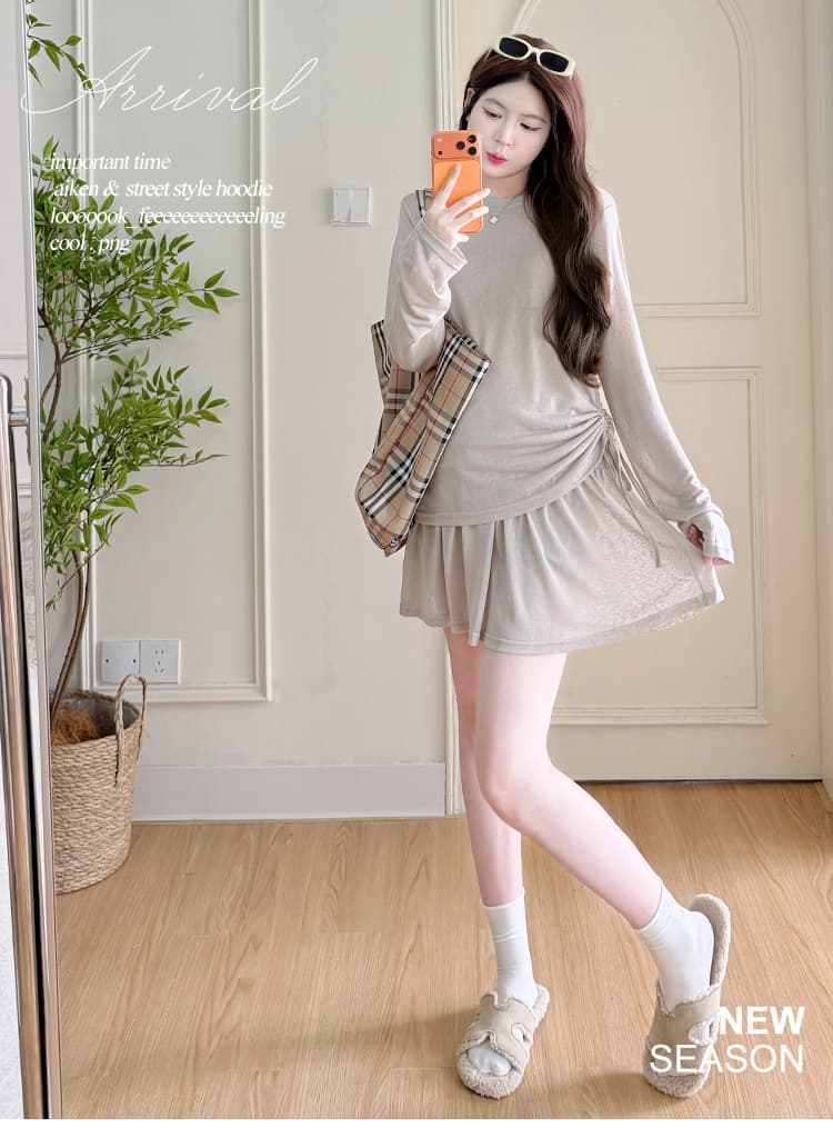 실사 지금 이른 가을 패션 미니멀리즘 국방 사이 셔츠 한국 스타일 느긋한 바람 반신 스커트 투피스 세트 상세 이미지 1